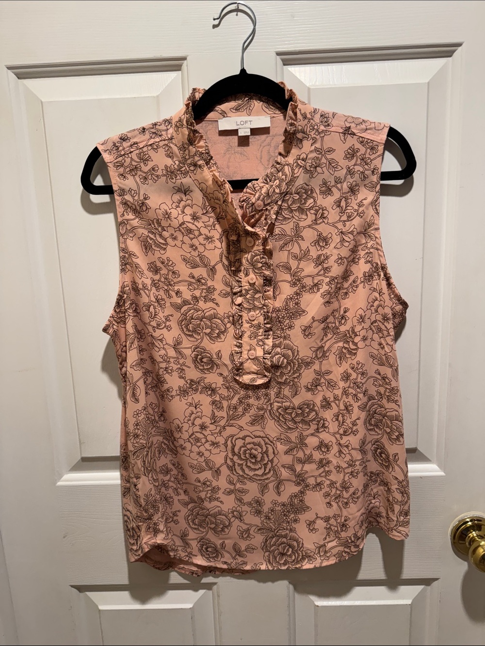 LOFT Peach-Pink Floral Ruffle Mock-Neck Sleeveless Top